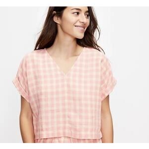 Lou & Grey Women’s Pink & Cream Gingham Shirt XS Short Sleeve Linen NWOT